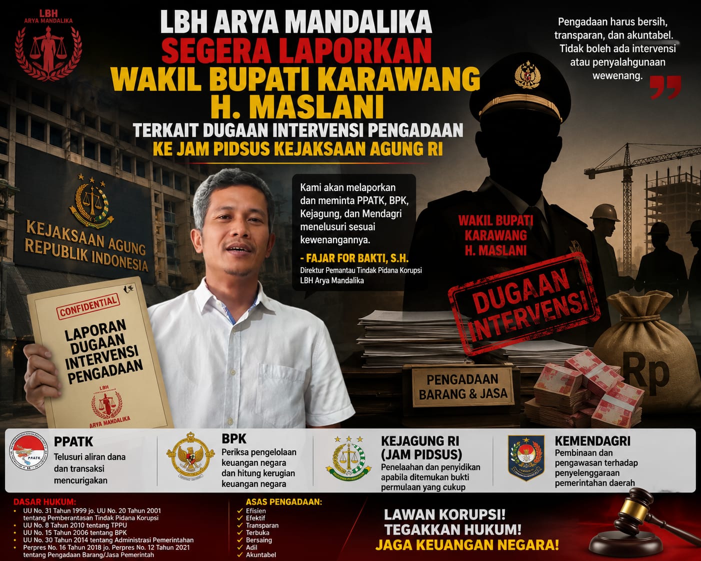 LBH Arya Mandalika Segera Laporkan Wakil Bupati Karawang H. Maslani Terkait Dugaan Intervensi Pengadaan ke JAM PIDSUS Kejaksaan Agung RI, Fajar For Bakti Minta Penelusuran Sesuai Hukum