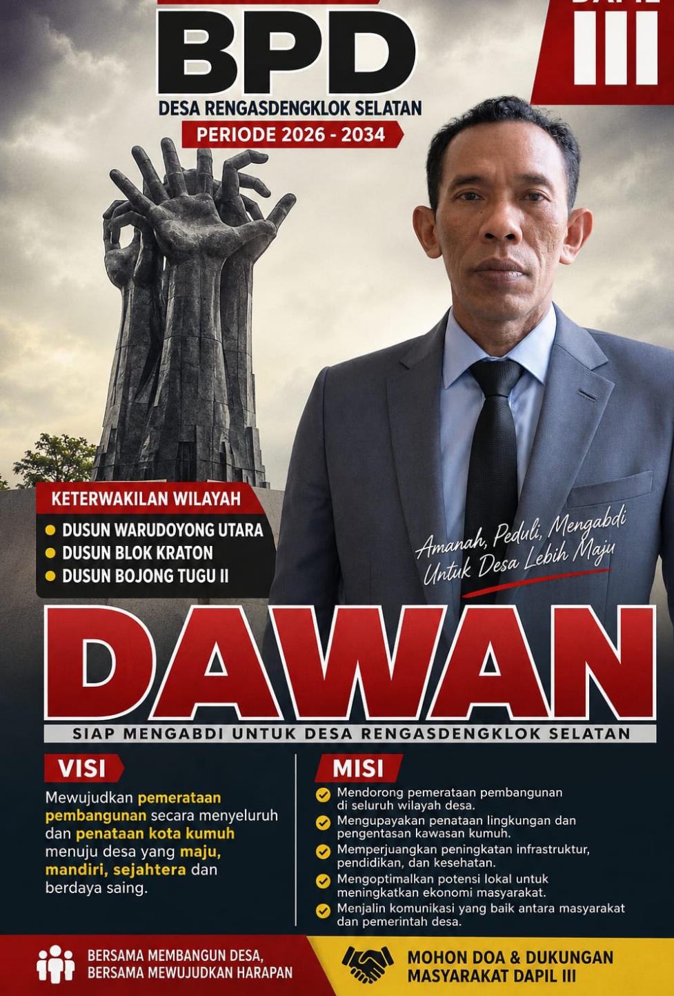 DAWAN,Anggota BPD Desa Rengasdengklok Selatan,Nomor Urut 4. Memenangkan Suara Perwakilan Dusun Bojong tugu 2.