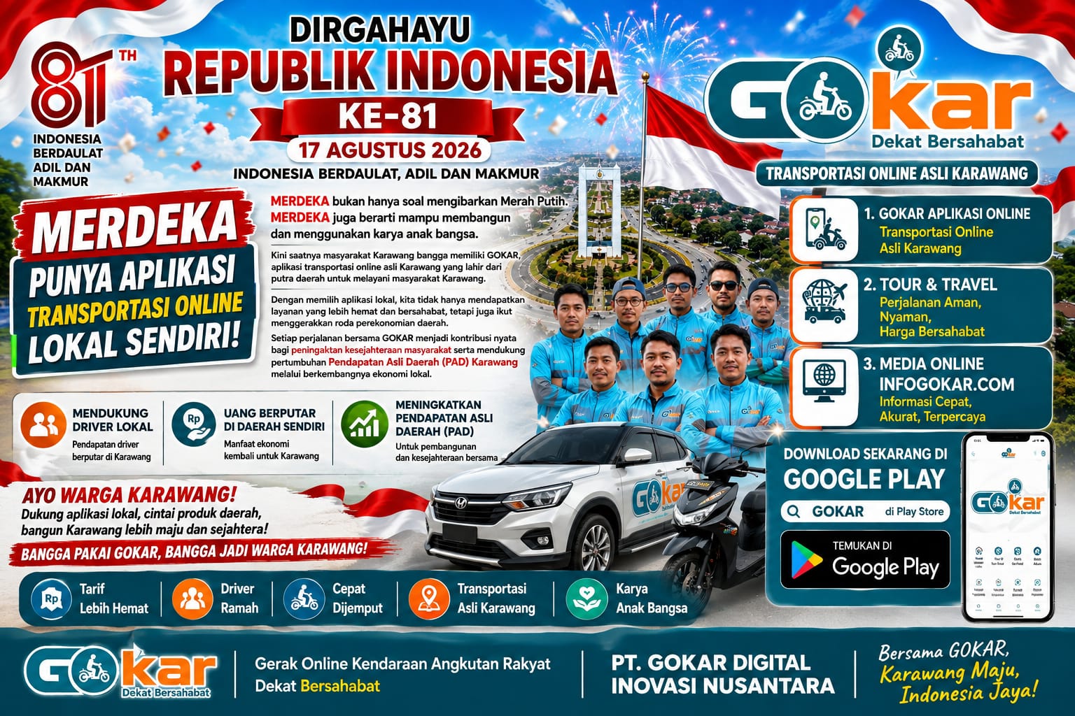 MERDEKA Dukung Karya Anak Bangsa, GOKAR Ajak Warga Karawang Bangga Gunakan Transportasi Online Asli Daerah